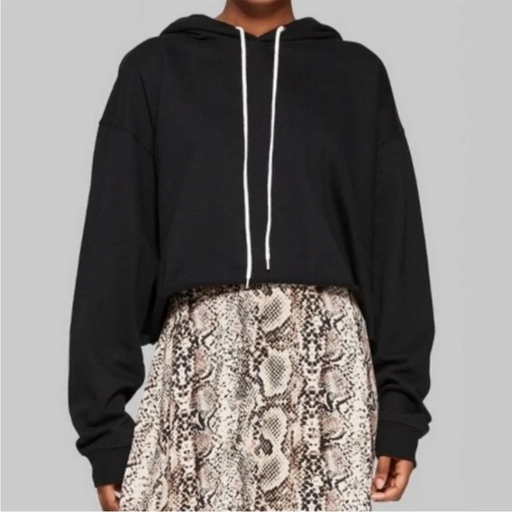 Wild Fable | Cropped Sweatshirt Hoodie Jacket Basic Black Oversized Raw Edge - Picture 2 of 6